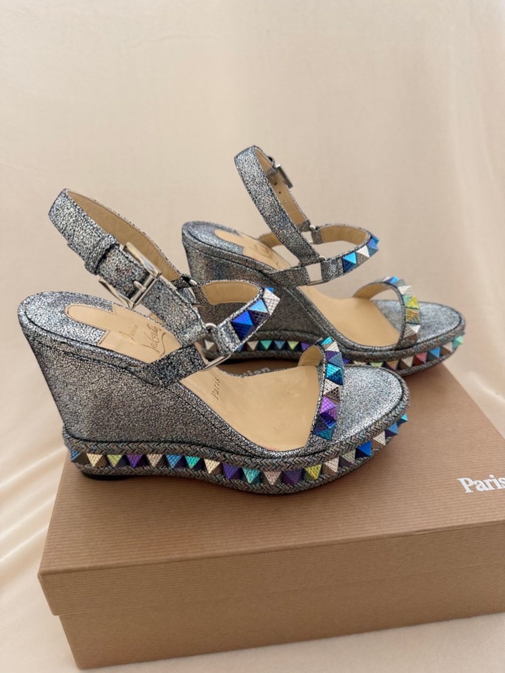 Christian Louboutin Silver Glitter Wedge Sandals with Iridescent Stud Accents